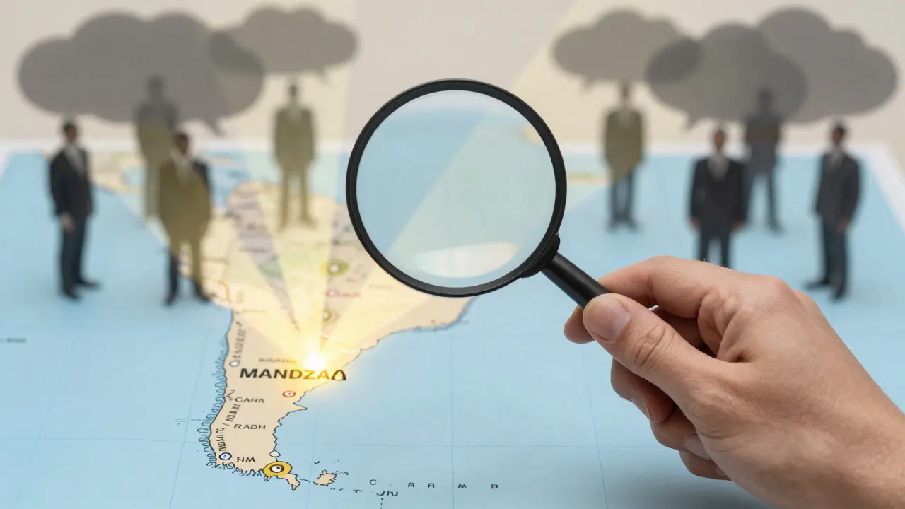 Mano con lupa sobre mapa de Argentina resaltando zonas de inversión con luz dorada.