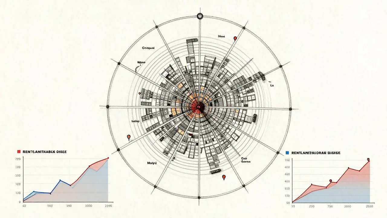 Mapa artístico de Mendoza con círculos de comparables ajustados y tendencias de renta capitalizada.