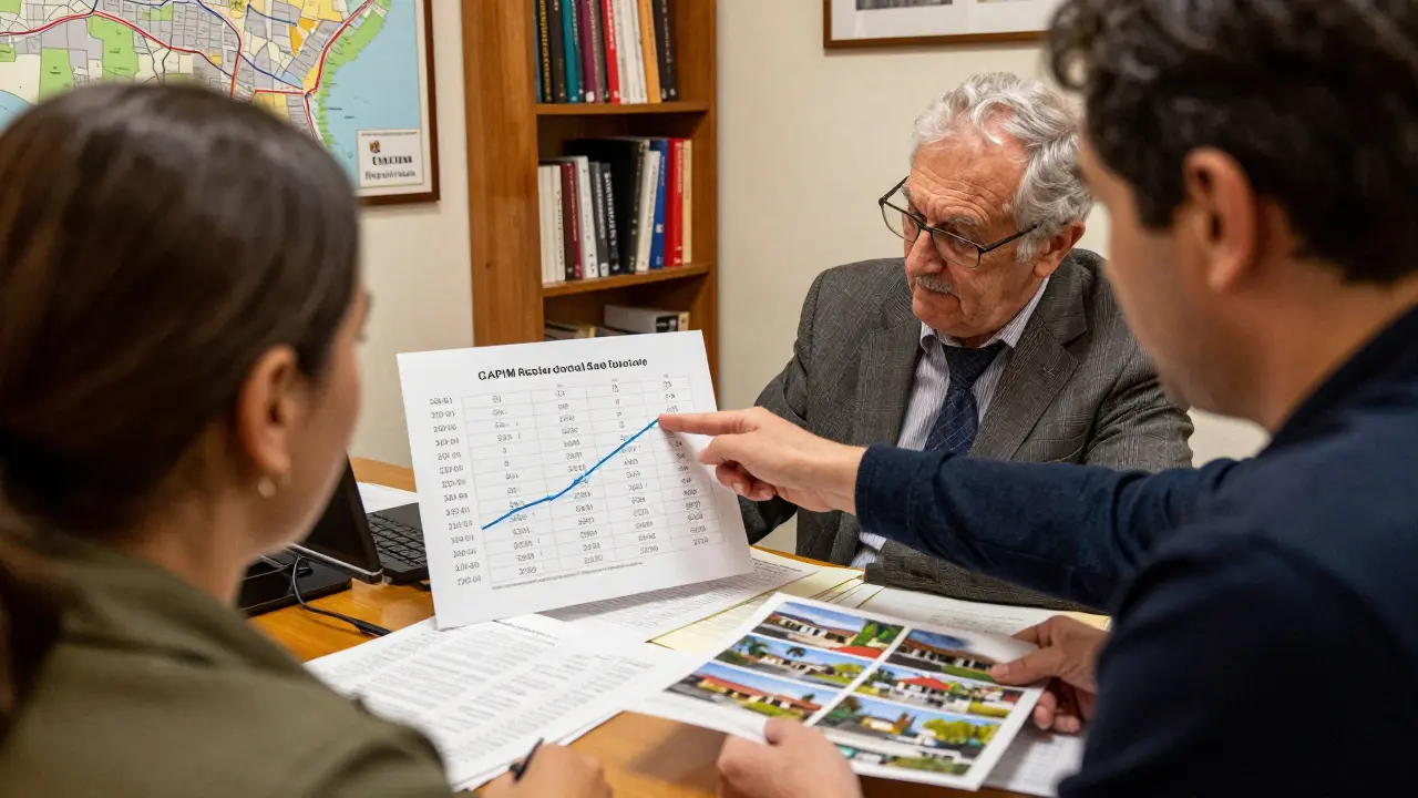 Oficina local de bienes raíces con archivos de ventas recientes y gráficos comparativos en Barrio Almagro.