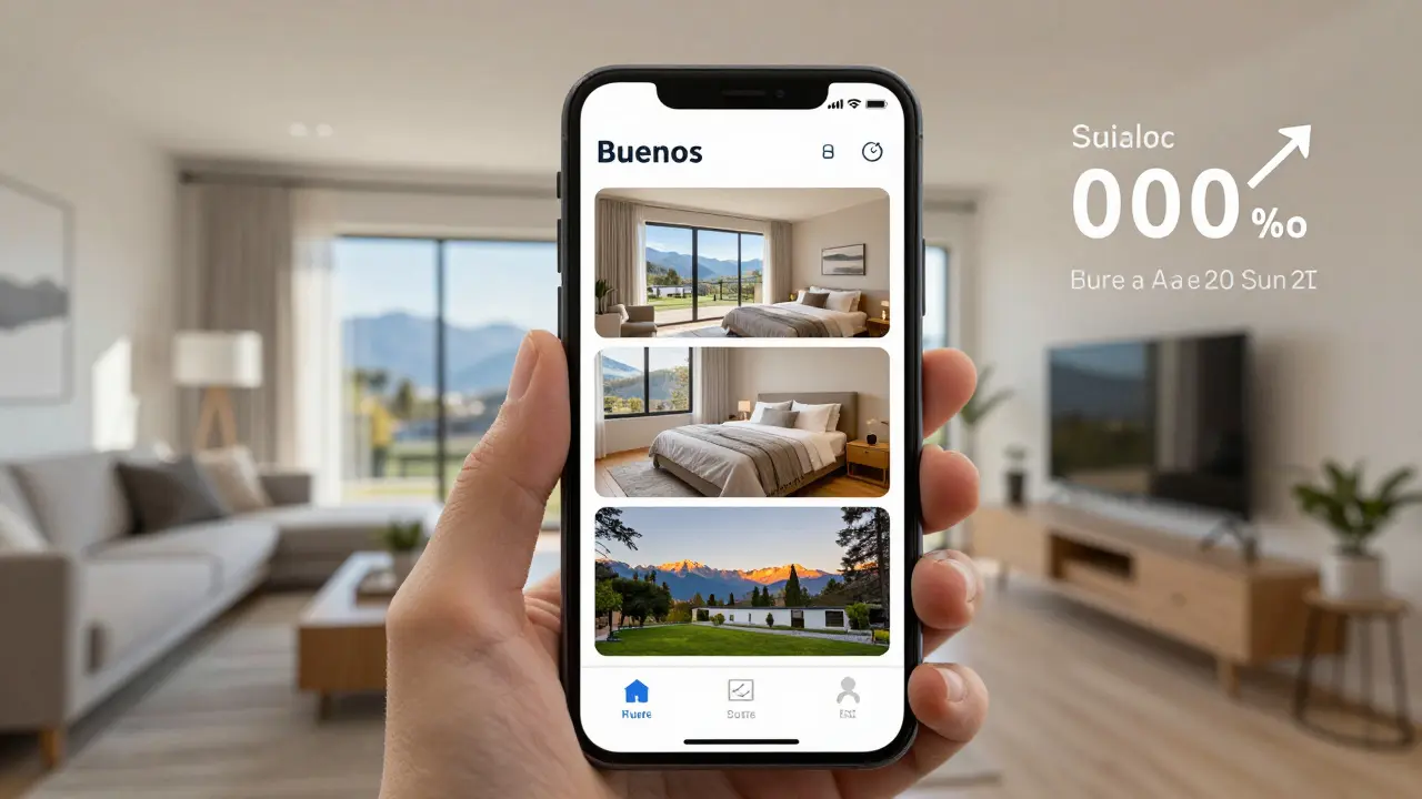 Pantalla de teléfono mostrando tres fotos profesionales de una propiedad con vista a los Andes al atardecer.