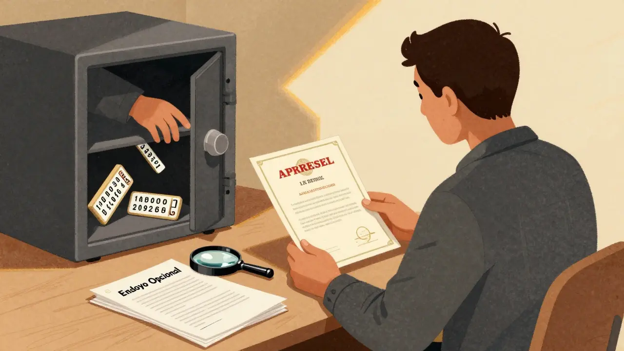 Persona revisando documentos de avalúo para arte, joyería y bicicleta, con sombra de robo al fondo.