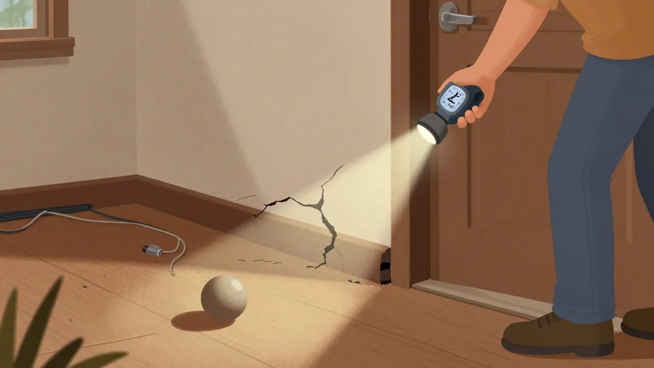 Propietario examinando una grieta en el cimiento y un piso inclinado con una linterna y húmedómetro.