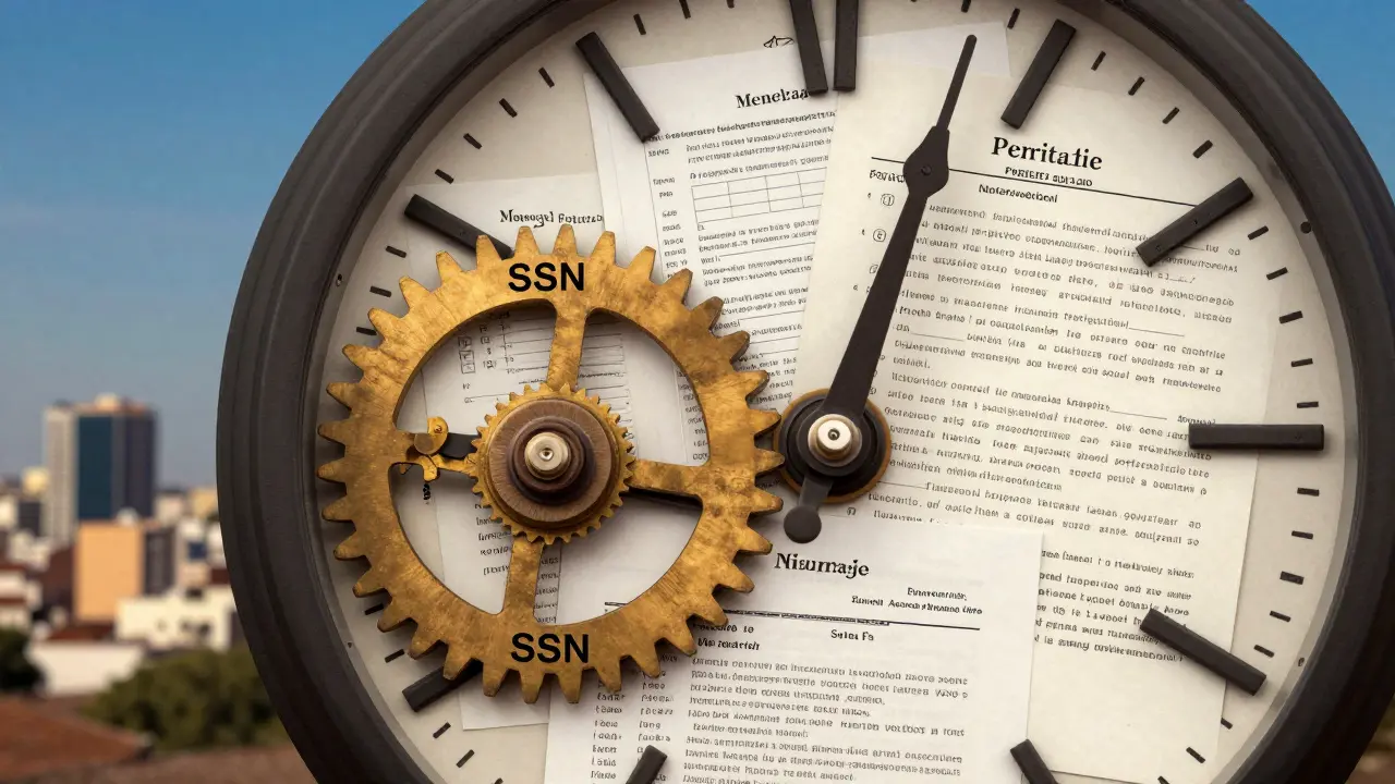 Reloj con engranajes de papeles de seguros y documentos legales, simbolizando retrasos y regulación.