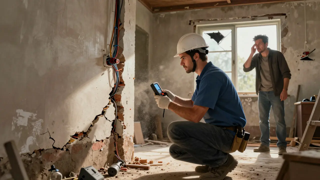 Técnico inspeccionando una fundación agrietada y cableado obsoleto en una casa argentina.