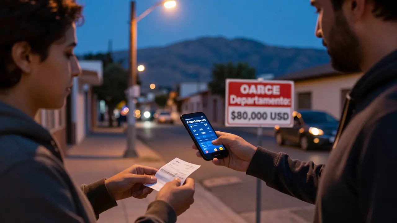 Transacción inmobiliaria en Mendoza con comprador y vendedor revisando tasa de dólar blue en un teléfono.