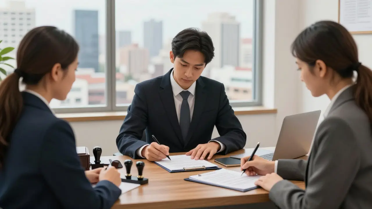 Tres personas firman documentos en una notaría, transfiriendo la propiedad con inquilino vigente.