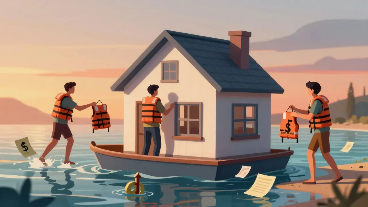 Una casa flota sobre un barco que se hunde, con dos personas representando deudor y garante en distintos lugares.