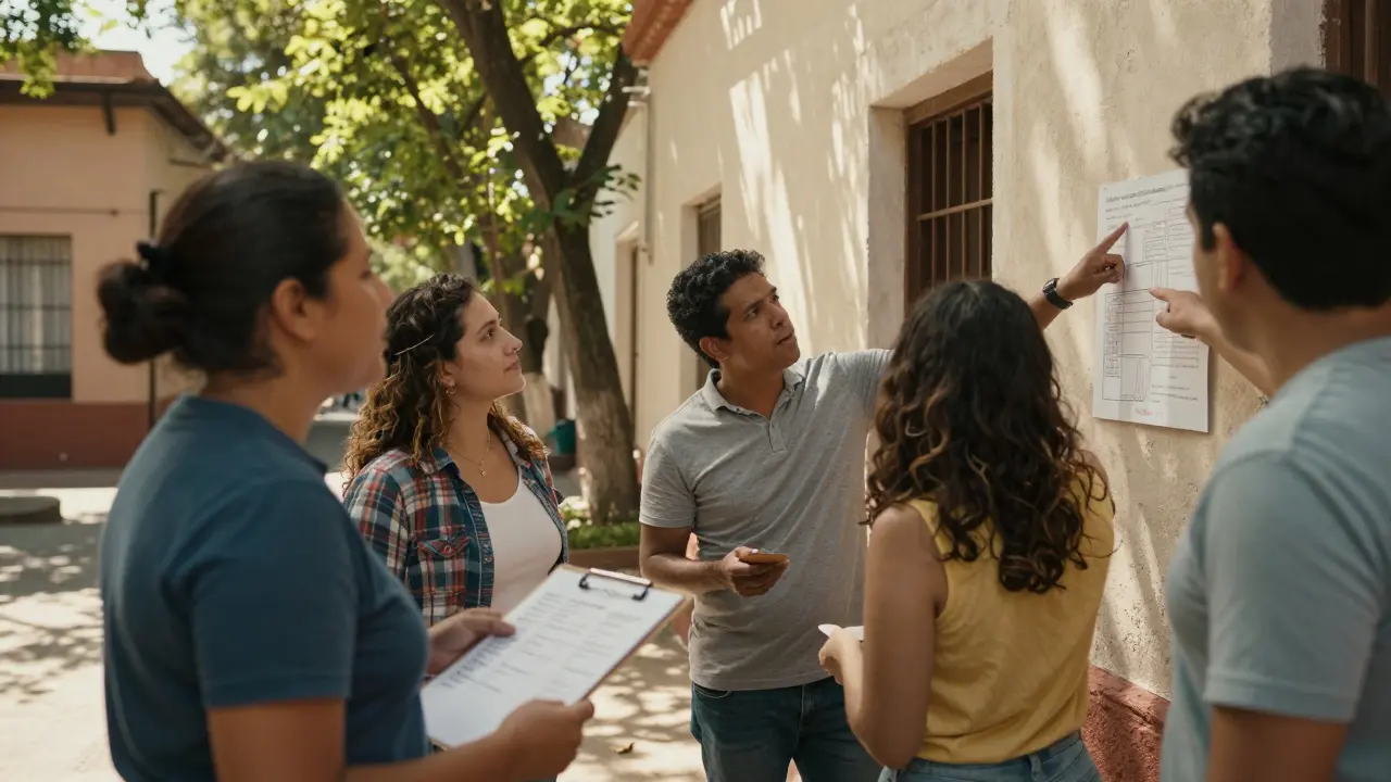 Vecinos conversan en el patio de un edificio, revisando un presupuesto manual con transparencia.