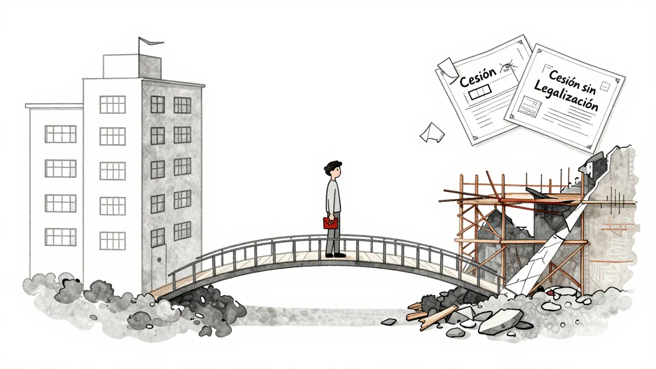 A fragile paper bridge between a completed home and a crumbling construction site, symbolizing risky property deals.