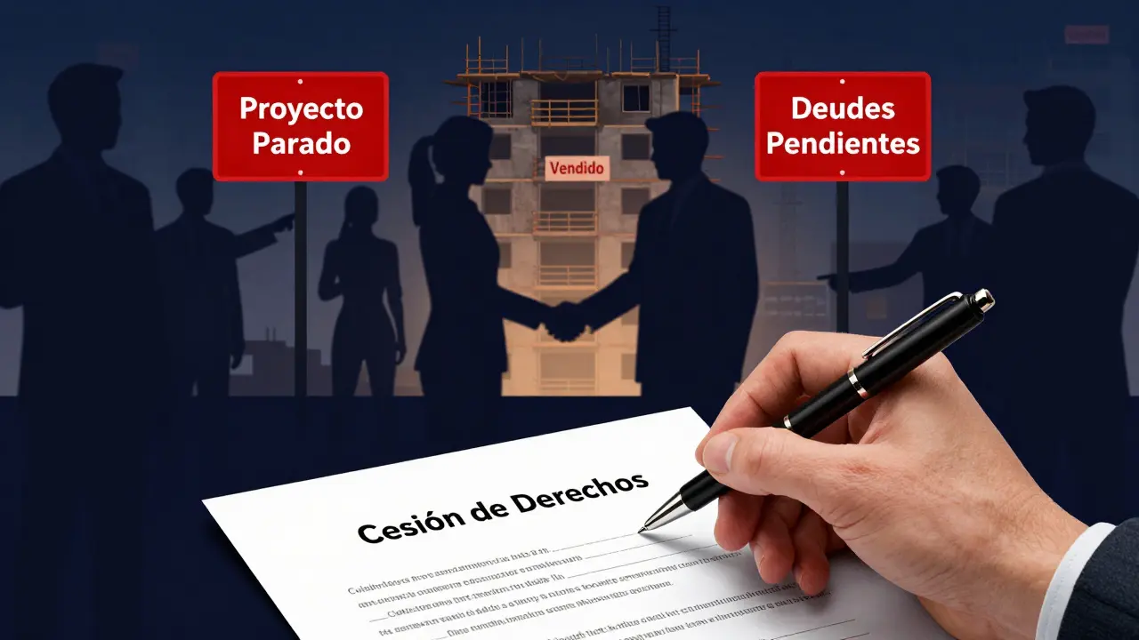 A hand hesitating to sign a contract with shadowy warning figures and a half-built building in the background.