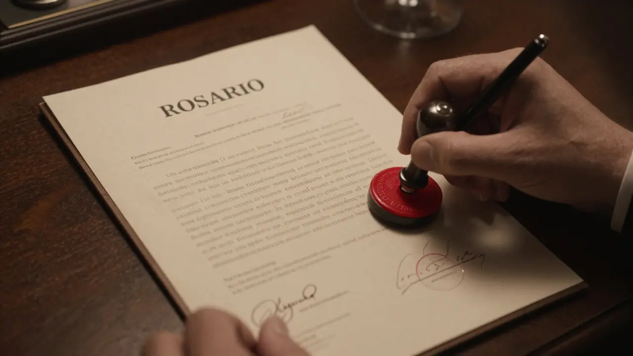 Abogado revisando documento con sello rojo en oficina.