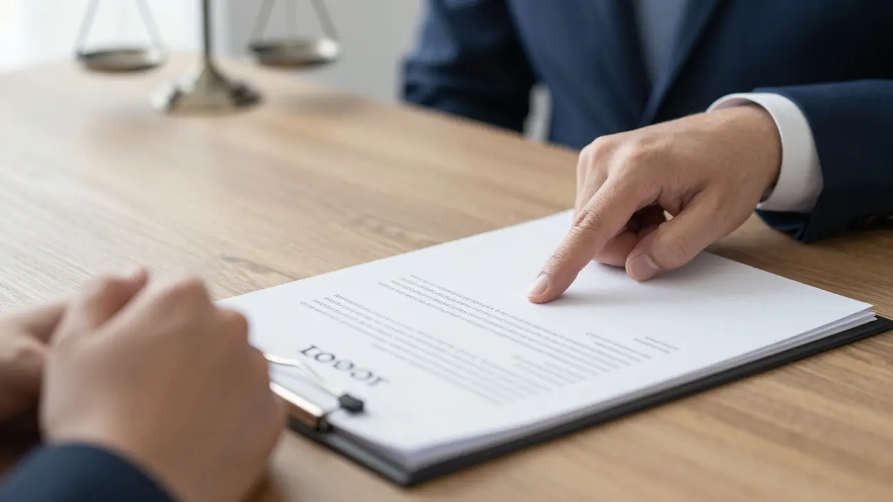 Abogado y cliente revisando contrato inmobiliario en oficina