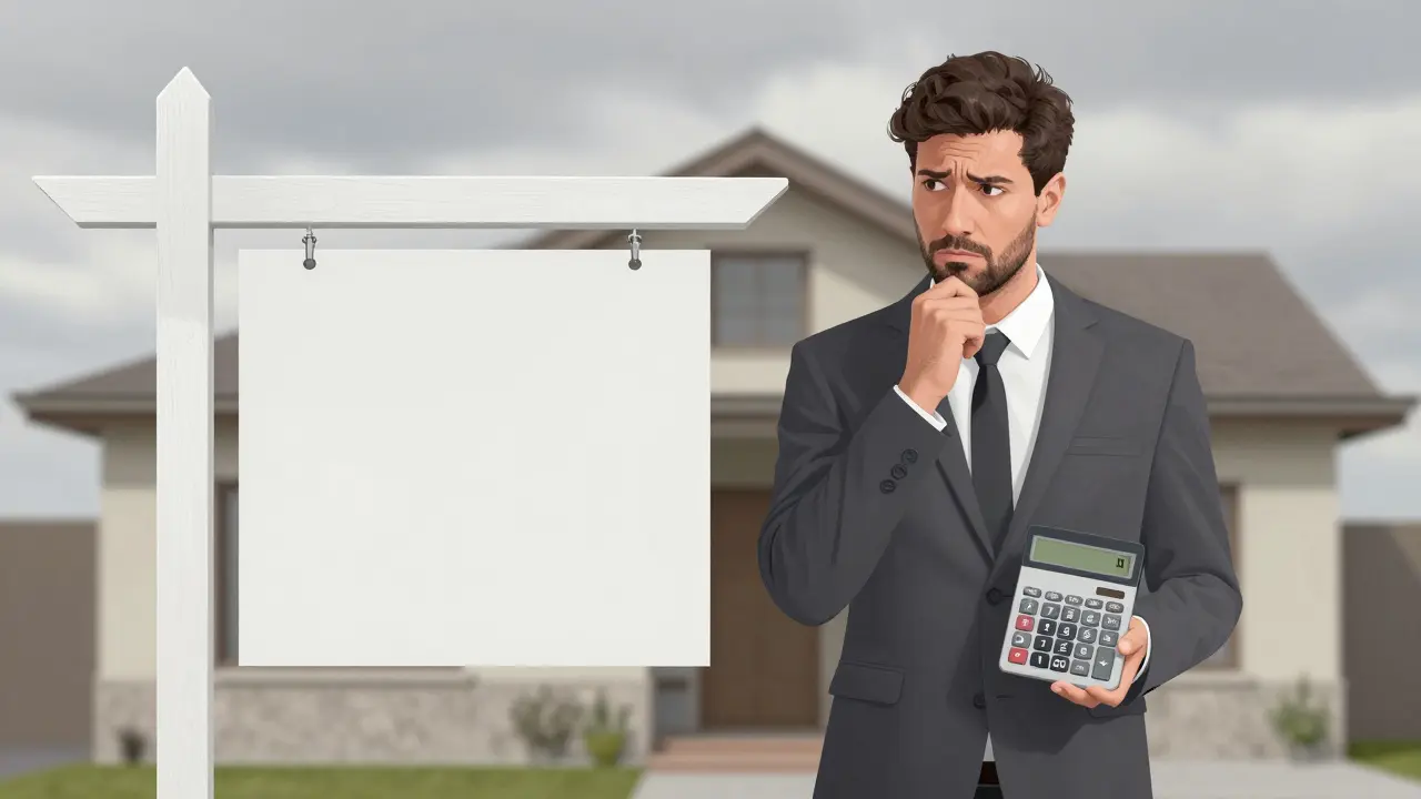 Agente frente a casa con señal sin precio en Buenos Aires.