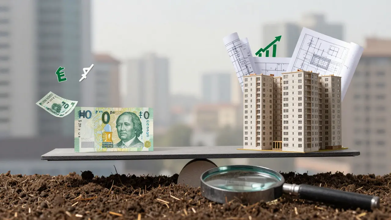 Balanza que compara un terreno vacío con un edificio terminado, simbolizando el valor residual oculto.