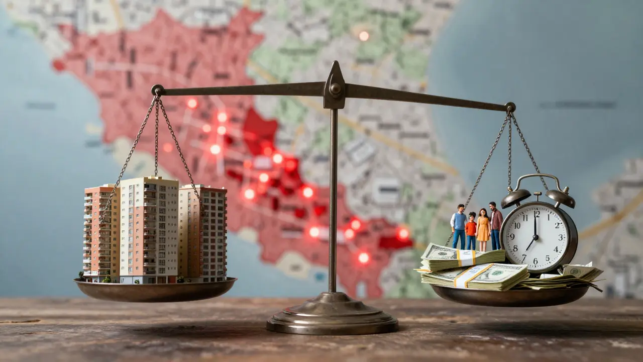 Balanza simbólica mostrando departamentos saturados contra dinero y tiempo, con mapa de Buenos Aires al fondo.