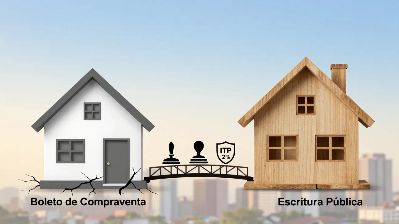 Casa con cimientos rotos y otra sólida conectadas por sellos legales, simbolizando paso a la propiedad real.