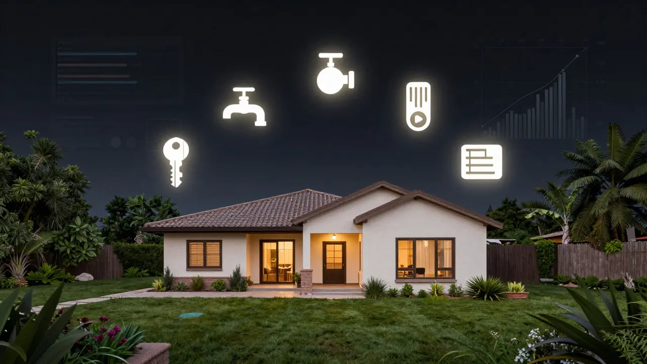 Casa en Mendoza con beneficios no monetarios flotando como íconos luminosos: llave, grifo, termostato, cortina y código de portón.