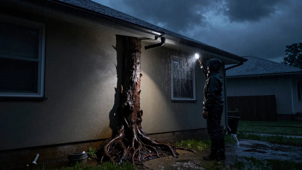 Casa por la noche en lluvia ligera, agua acumulada cerca del cimiento y bajantes desconectadas.