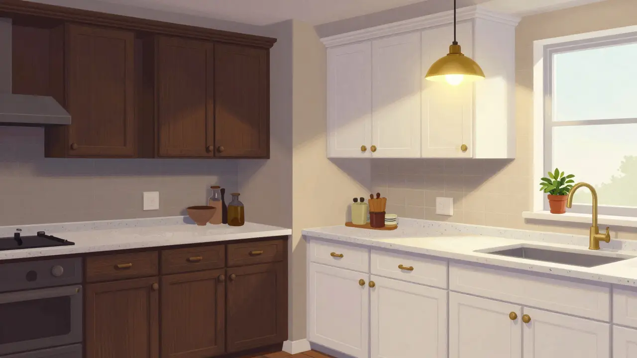 Cocina antes y después: gabinetes oscuros cambiados a blanco con manijas nuevas y iluminación LED.