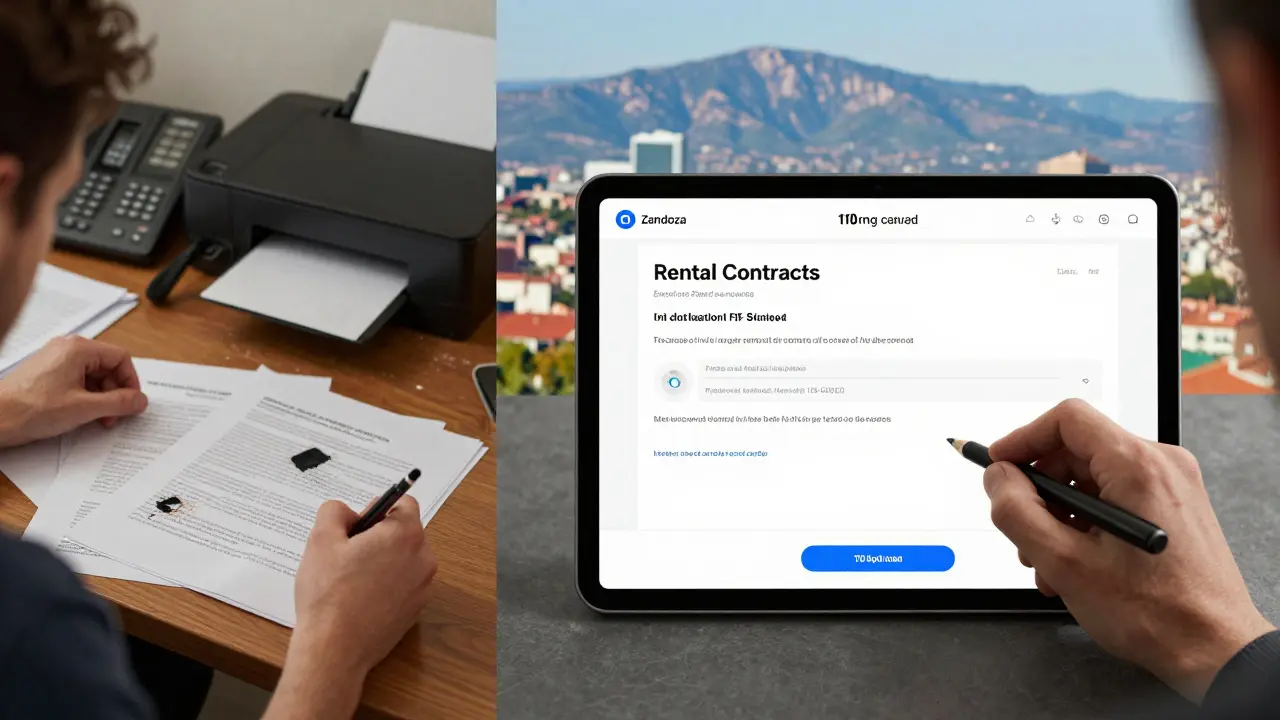 Comparación entre papeleo tradicional de alquiler y firma electrónica moderna en Argentina.