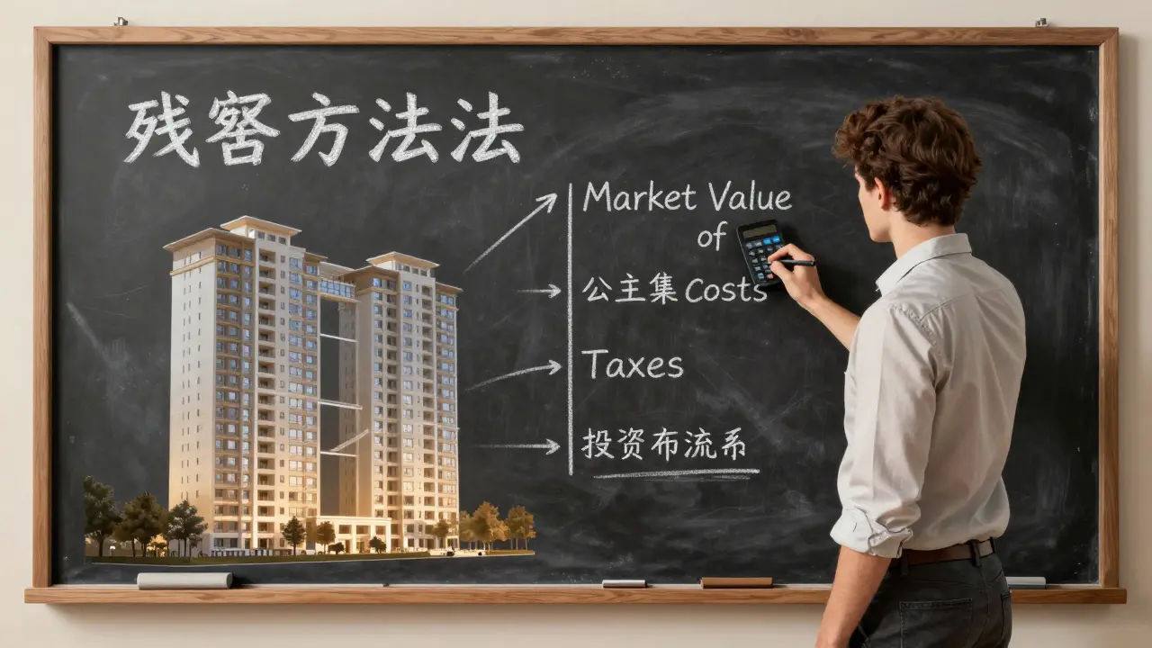 Desarrollador calculando el método residual en una pizarra con edificio futuro superpuesto en el terreno.