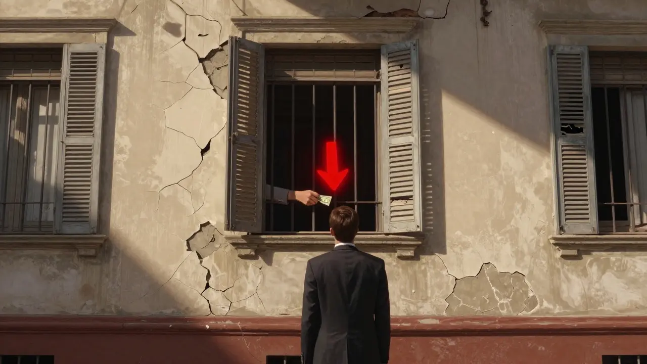 Edificio antiguo en Parque Patricios con mano entregando efectivo por la ventana, luz entrando por ventanas rotas.