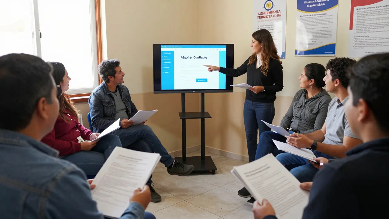 Grupo de personas en Mendoza participa en una reunión comunitaria sobre alternativas de alquiler sin depósito.