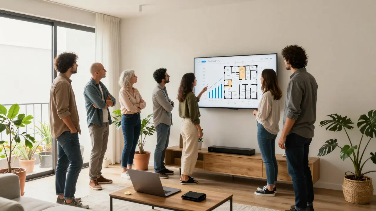 Grupo diverso revisando un plan de vivienda eficiente en Buenos Aires, con luz natural y detalles de estilo minimalista.