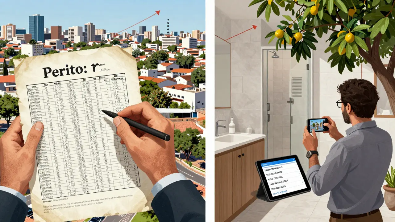 Ilustración comparativa: un tasador usa datos obsoletos mientras otro inspecciona en persona detalles clave de la propiedad.