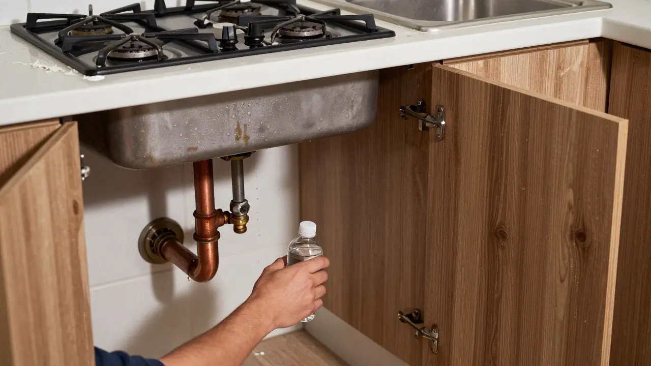 Interior de cocina con tuberías oxidadas y goteras bajo el fregadero durante inspección.