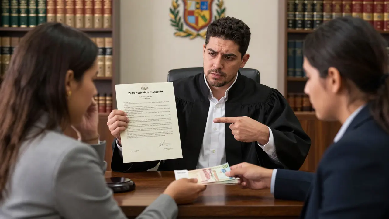 Juez anula una compraventa por poder notarial sin inscripción, mientras comprador y vendedor enfrentan consecuencias legales.