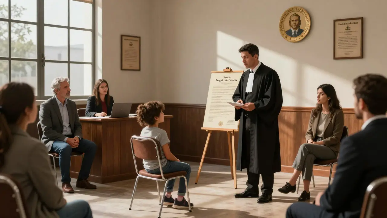 Juzgado de familia en Mendoza con juez y defensor de menores durante audiencia.