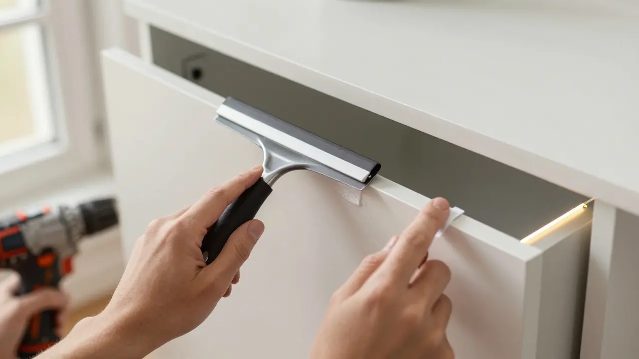Manos instalando vinilo, cambiando manijas y colocando tiras LED, demostrando micro-renovaciones sencillas.