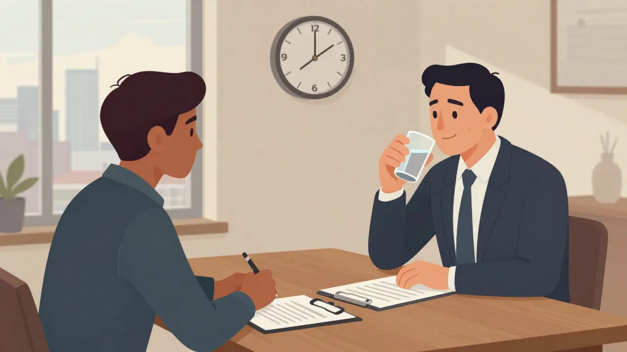 Momento de silencio durante una negociación inmobiliaria: el vendedor bebe agua mientras el comprador reflexiona tras hacer una oferta baja.