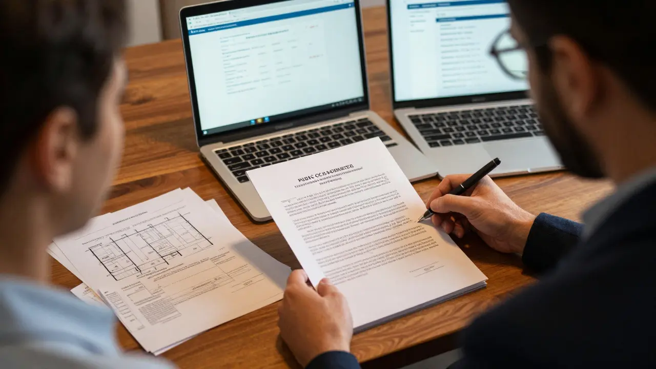 Notario revisando documentos legales y planos de propiedad en su escritorio con luz cálida.