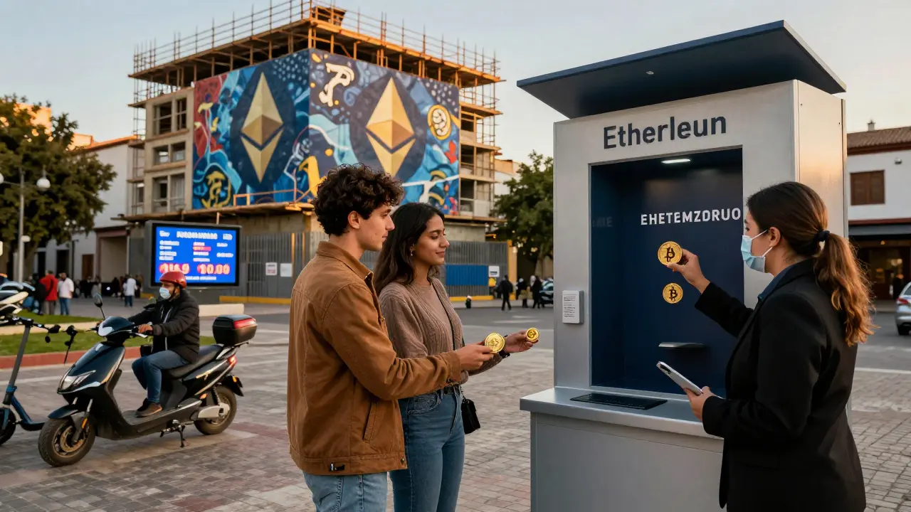 Pareja intercambiando criptoactivos con un notario en Córdoba, mientras se construye un edificio con logotipos digitales.