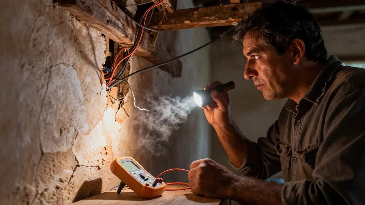 Perito inspeccionando instalaciones eléctricas en casa rural de San Juan