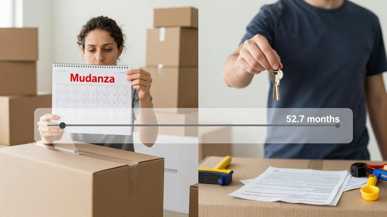 Persona empacando en un departamento alquilado vs. misma persona con llaves y gastos de propiedad en casa propia.