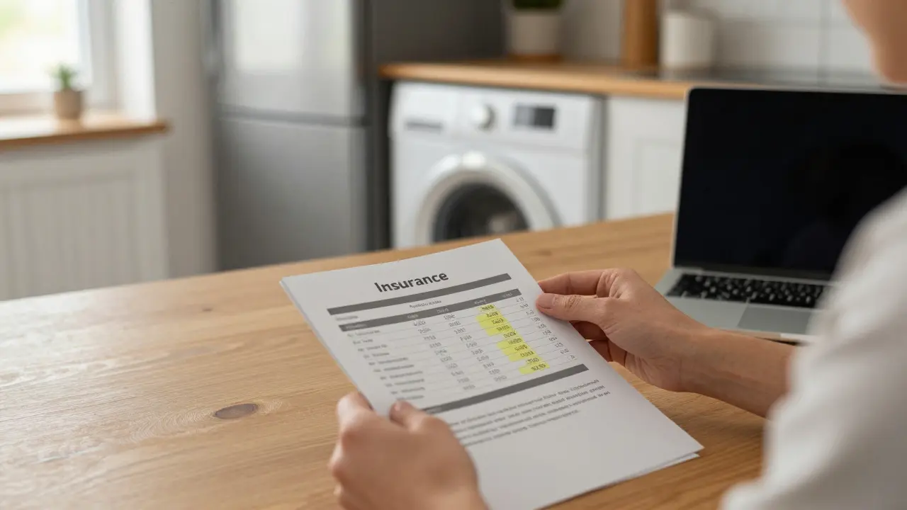 Persona revisando póliza de seguro junto a electrodomésticos y comparación de costos.