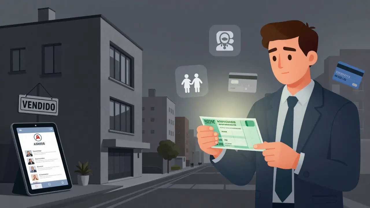 Profesional joven comparando su salario con el costo de un alquiler en Recoleta, rodeado de símbolos de apoyo familiar y deuda.