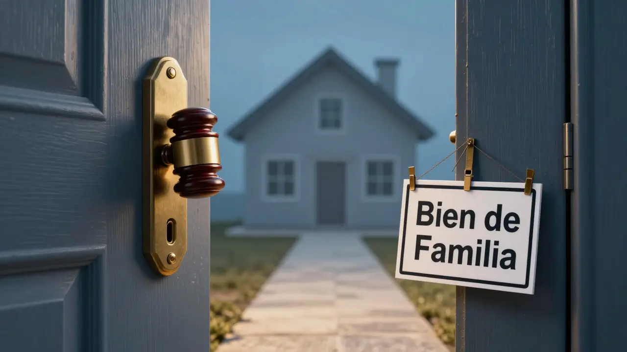 Puerta cerrada con sello judicial y casa que se desvanece, camino hacia nueva vivienda.