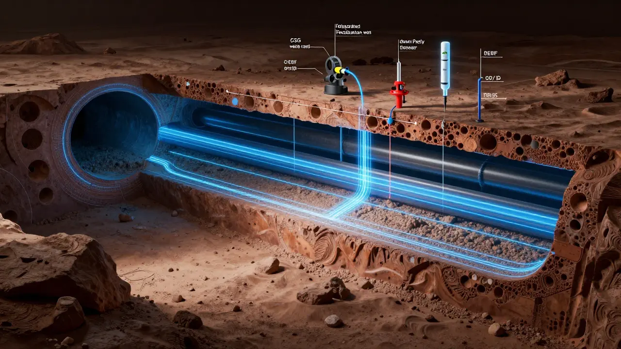 Sección transversal de un pozo petrolero en Neuquén con componentes técnicos: revestimiento, tubería perforada y empacado de grava, en estilo de plano técnico.