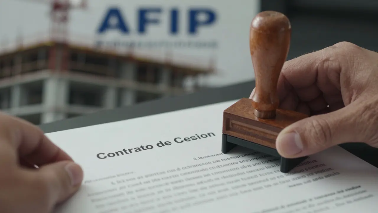 Sello notarial sobre documento legal de cesión, con certificado oficial y obra en construcción al fondo.