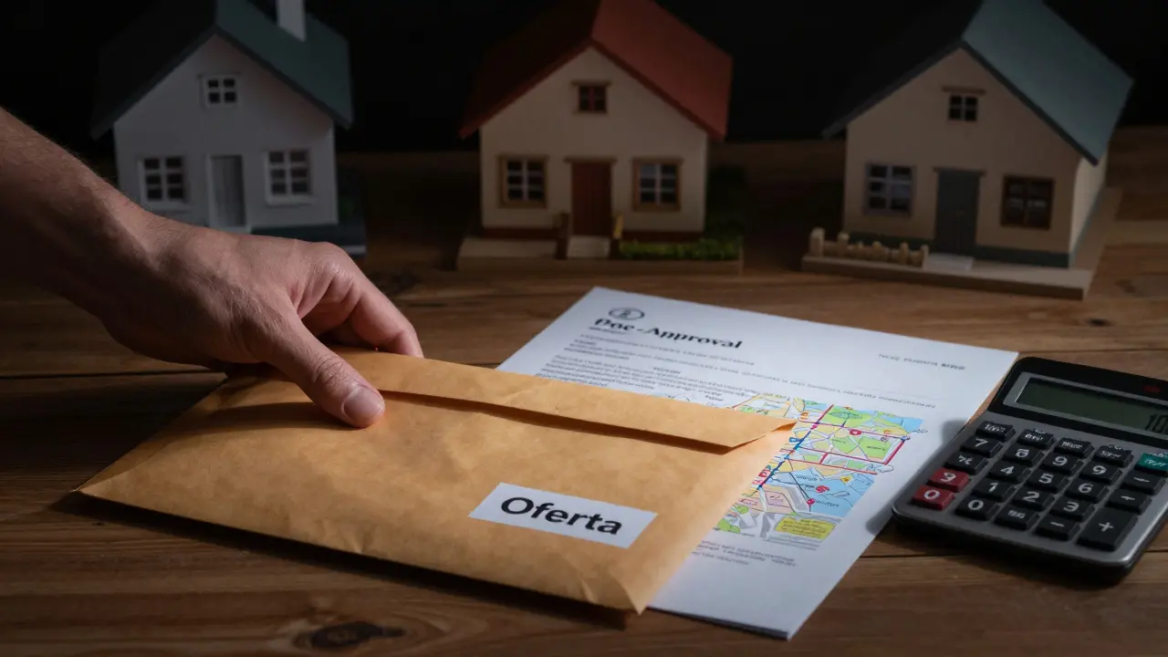 Sobre de oferta junto a carta de preaprobación, mapa de comparables y calculadora, sin textos visibles.