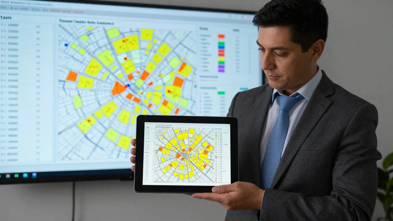 Tasador revisando un mapa de calor de valores inmobiliarios con datos de 12.000 evaluaciones en Argentina.