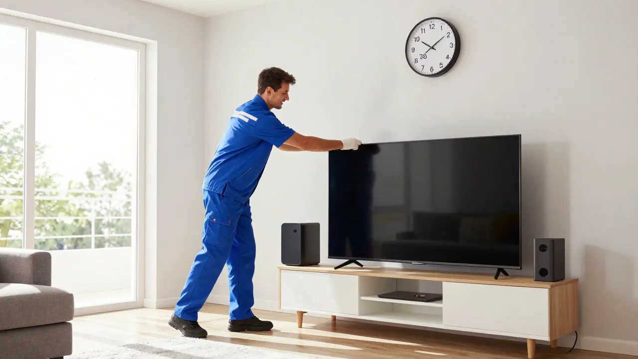 Técnico reemplazando un televisor dañado mientras la familia usa un dispositivo temporal.