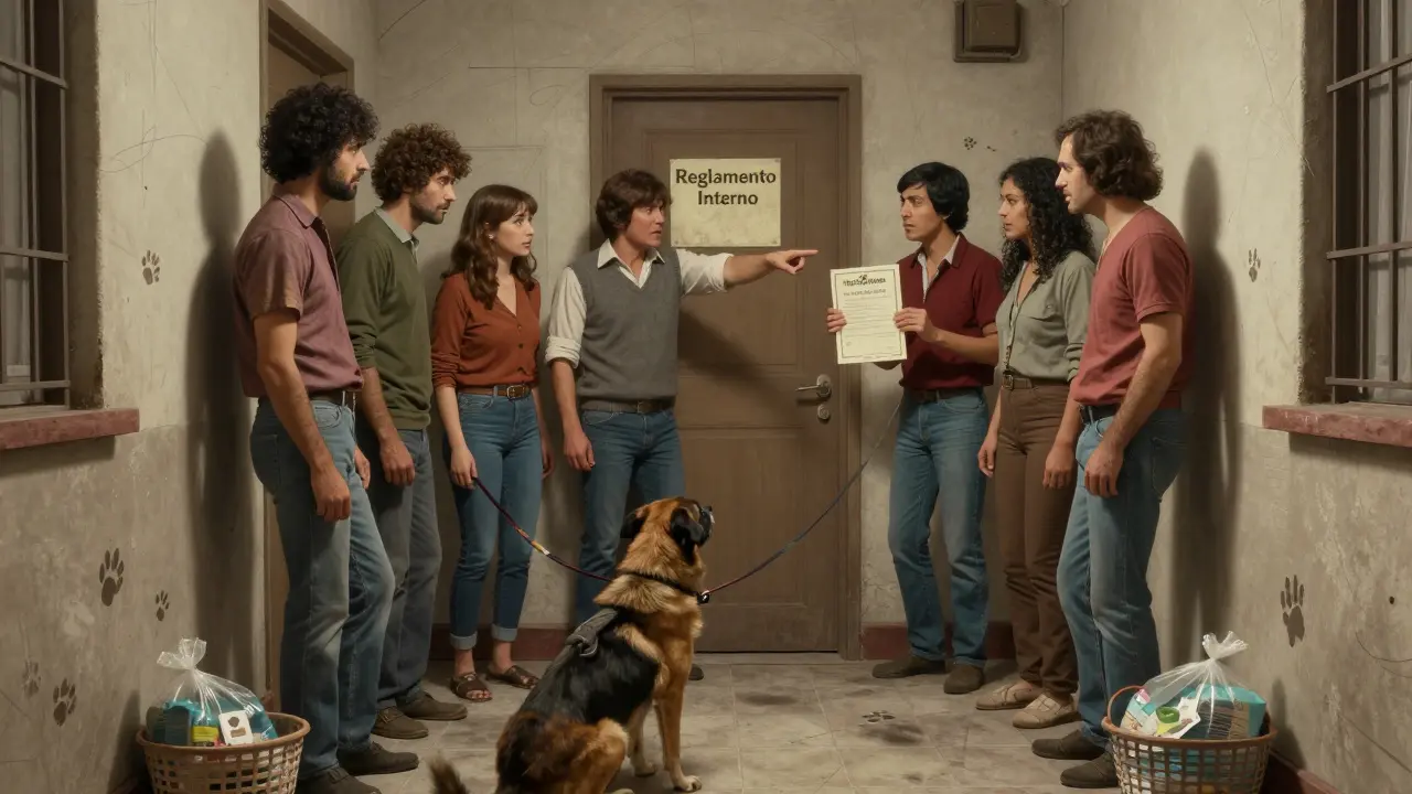 Vecinos discutiendo en un pasillo de edificio antiguo por la presencia de una mascota, con certificados y señales visibles.