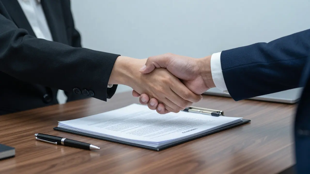 Apretón de manos formal sobre escritorio con documentos