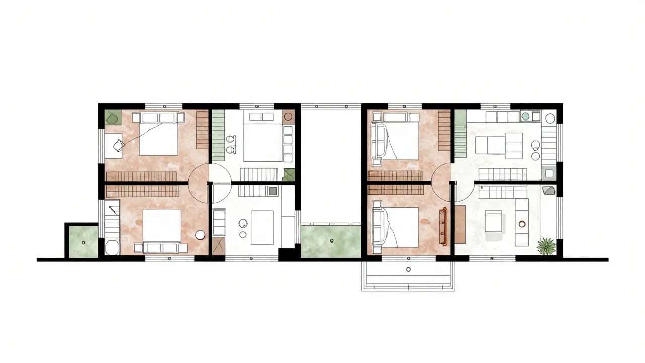 Architectural diagram showing separate zones and dual kitchens