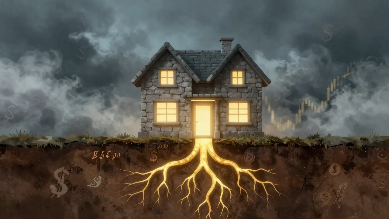 Arte conceptual de casa protegida contra riesgos financieros globales.